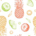 Hand drawn colored isolated pineapples seamless pattern on white background. Sketched abstract vector food illustration. Royalty Free Stock Photo